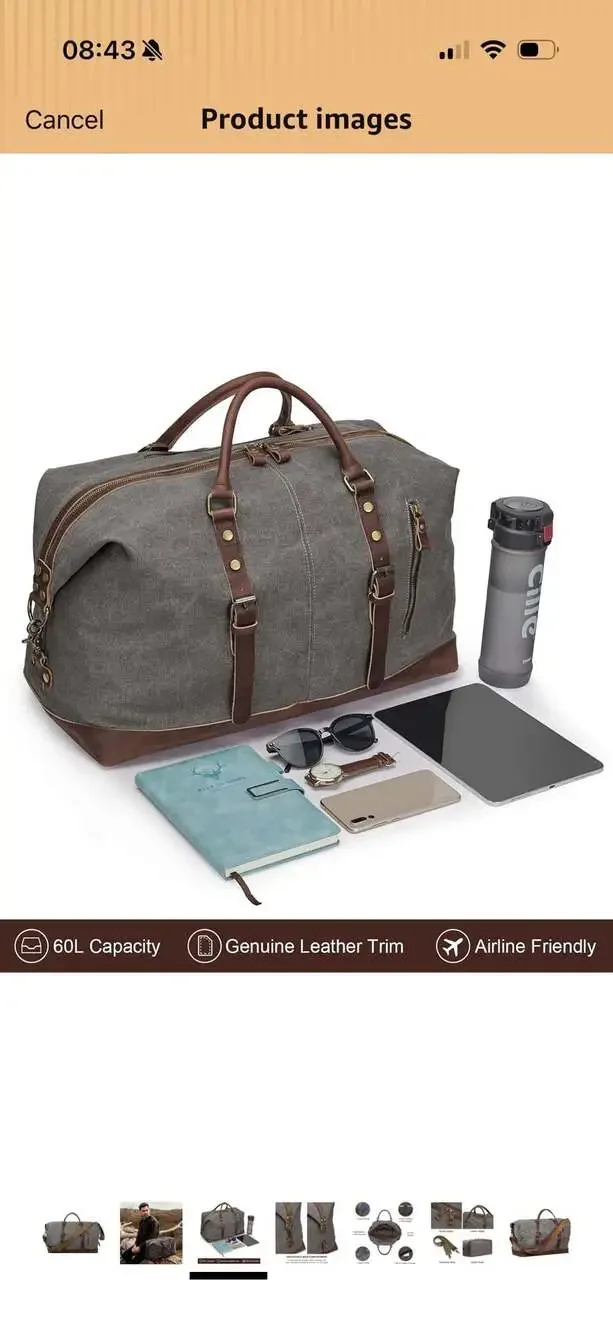 S-ZONE 60L Oversized Canvas Leather Trim Travel Duffle Weekender Bag w/Dopp Kit
